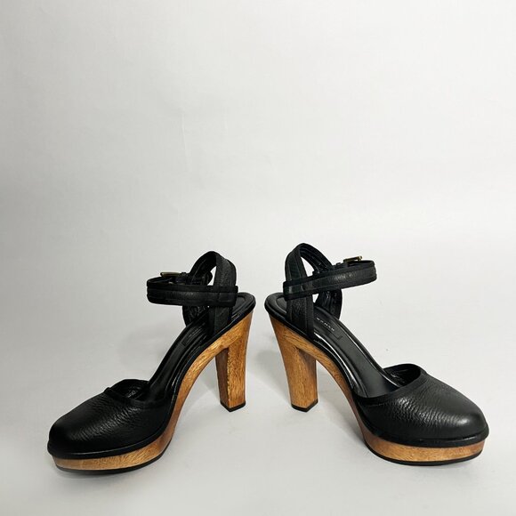 ZARA Size 40 US Size 9 High Wood Heel Platform Mary Jane Black Leather Shoes - Picture 4 of 11